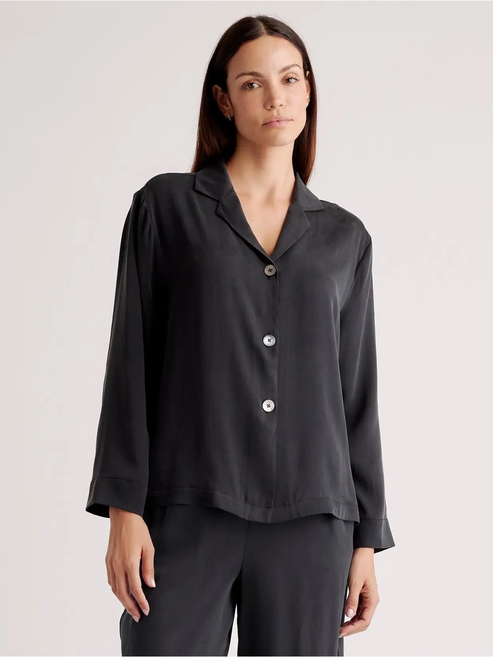 Quince 100% Washable Silk Pajama Long Sleeve Top - Black